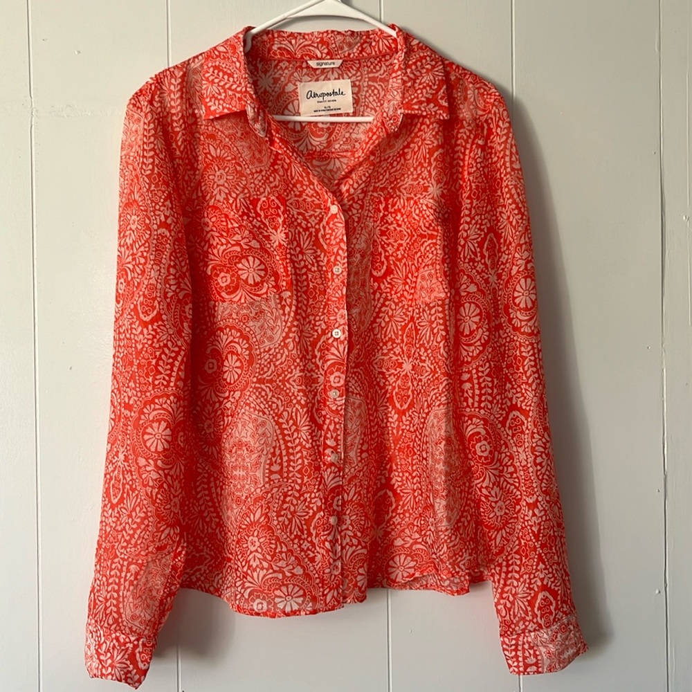 Aeropostale Signature Orange White Long Sleeve Sheer Button with Pockets